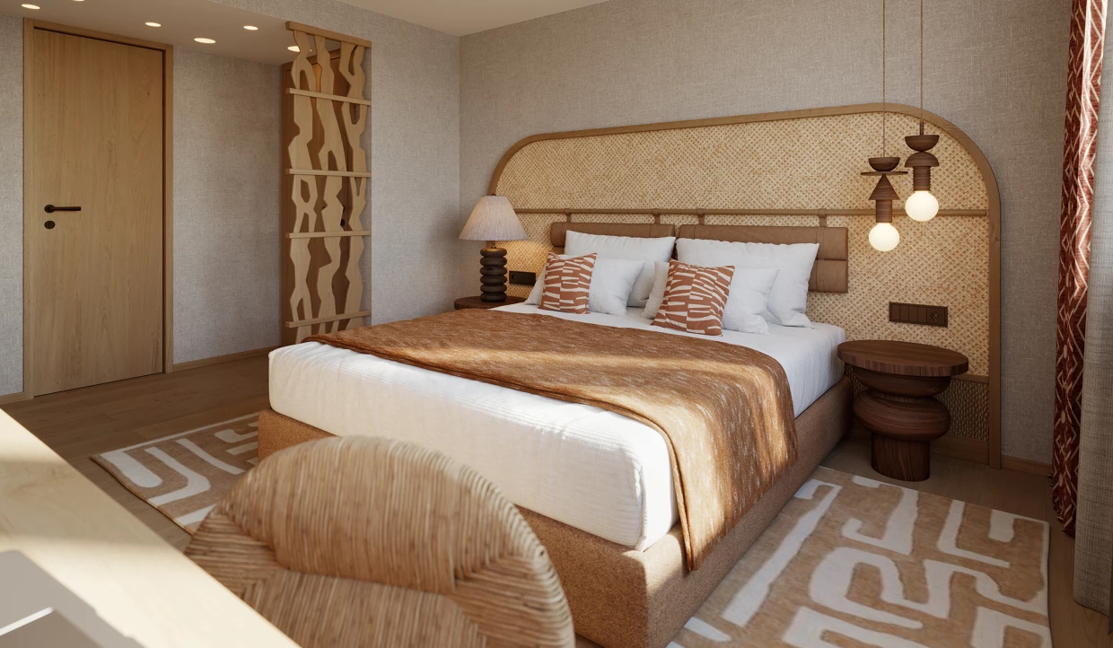 Doppelbett in Hotelzimmer in Arosa in erdigen Farben und organischen Formen