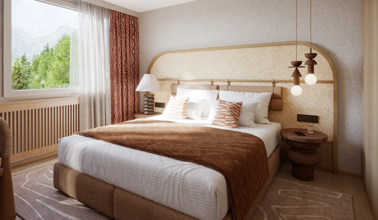 Doppelzimmer in Luxushotel in den Alpen mit modernem Seventies-Design in Naturtönen