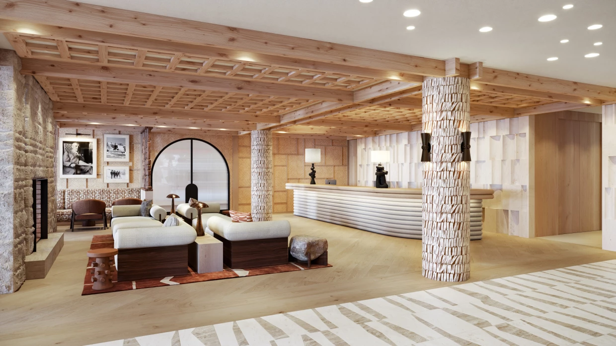 Reception area of a luxury hotel in the Alps with a natural design