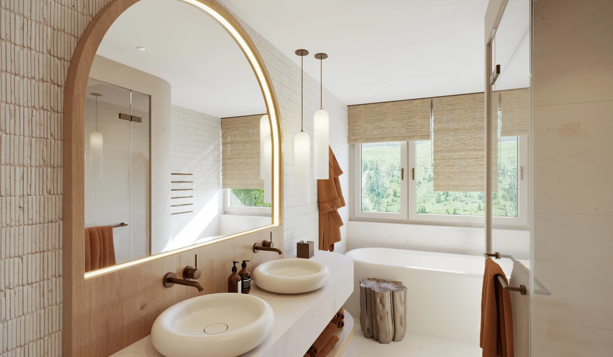 Luxus-Hotelbad mit Doppel-Lavabo und Badewanne in Naturtönen