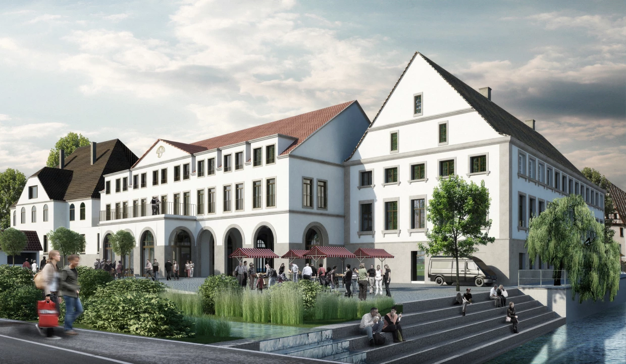 Building with arcades and red roof, people in garden