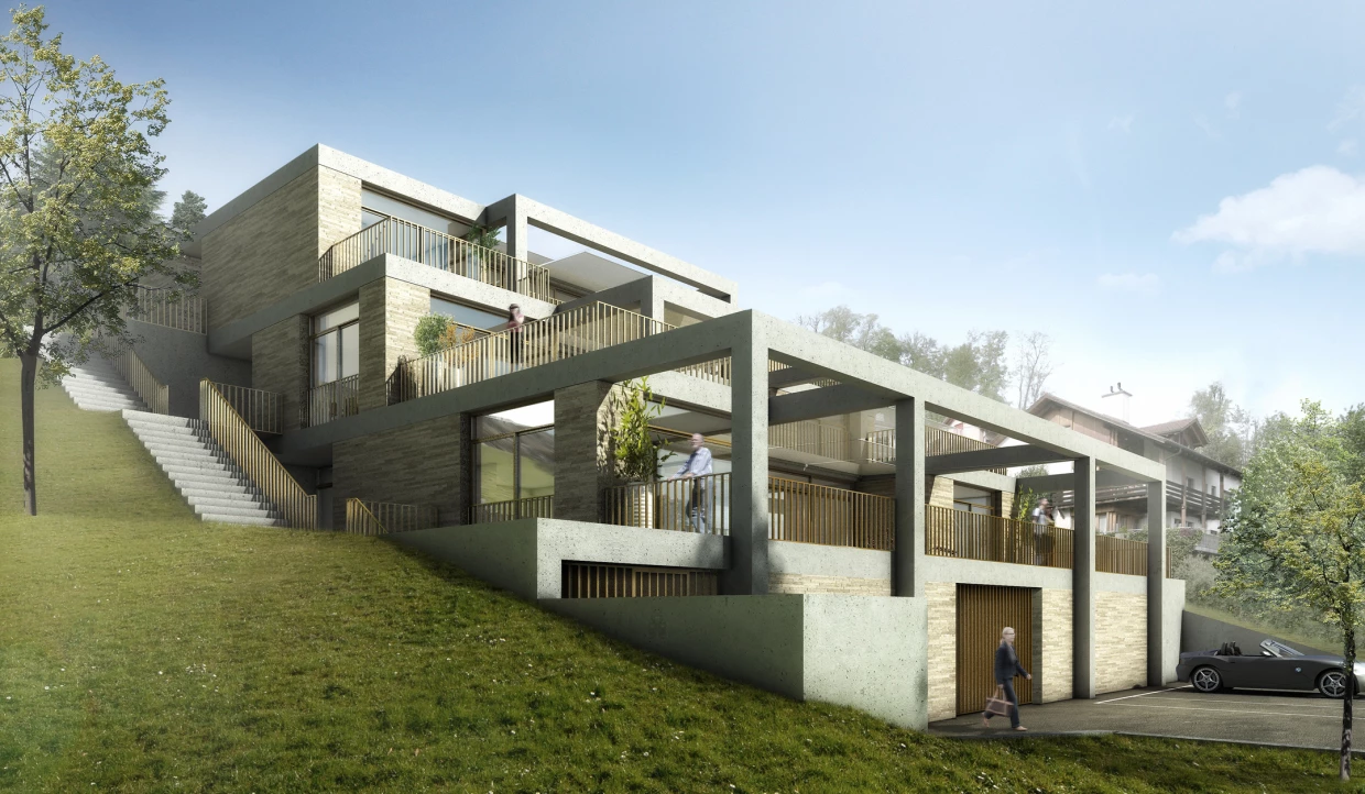 Haus mit Terrassen auf grünem Hang