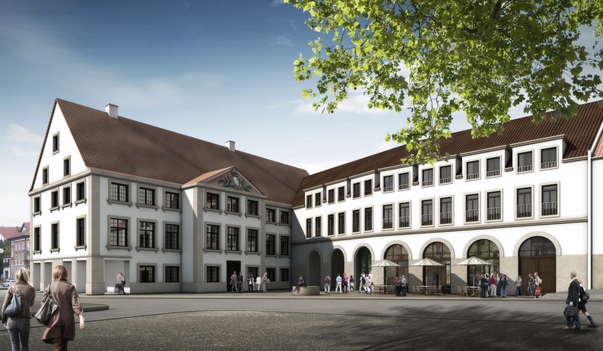 Multistory building with gabled roof, surrounded by people