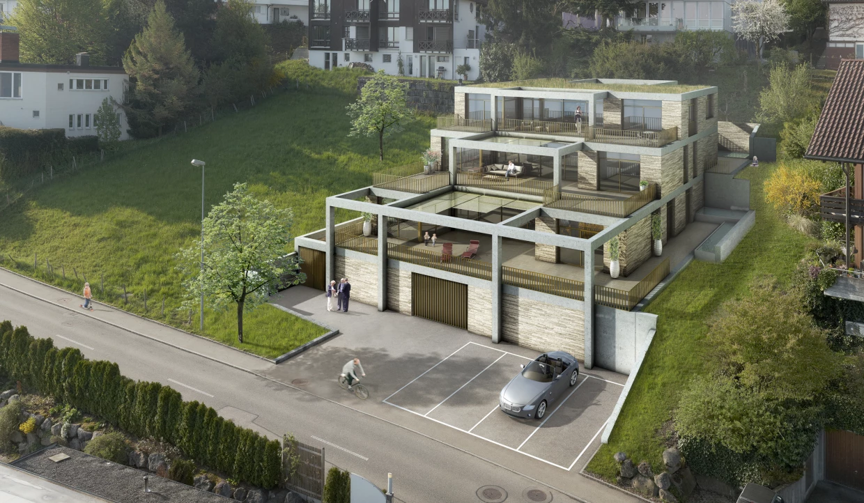 Mehrstöckiges Haus mit Garten und Parkplatz