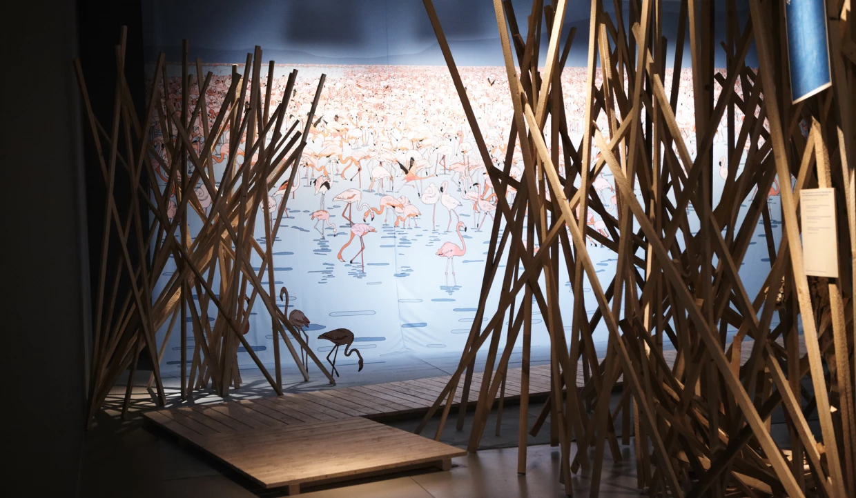 Flamingos in einem gemalten See mit Holzkonstruktionen