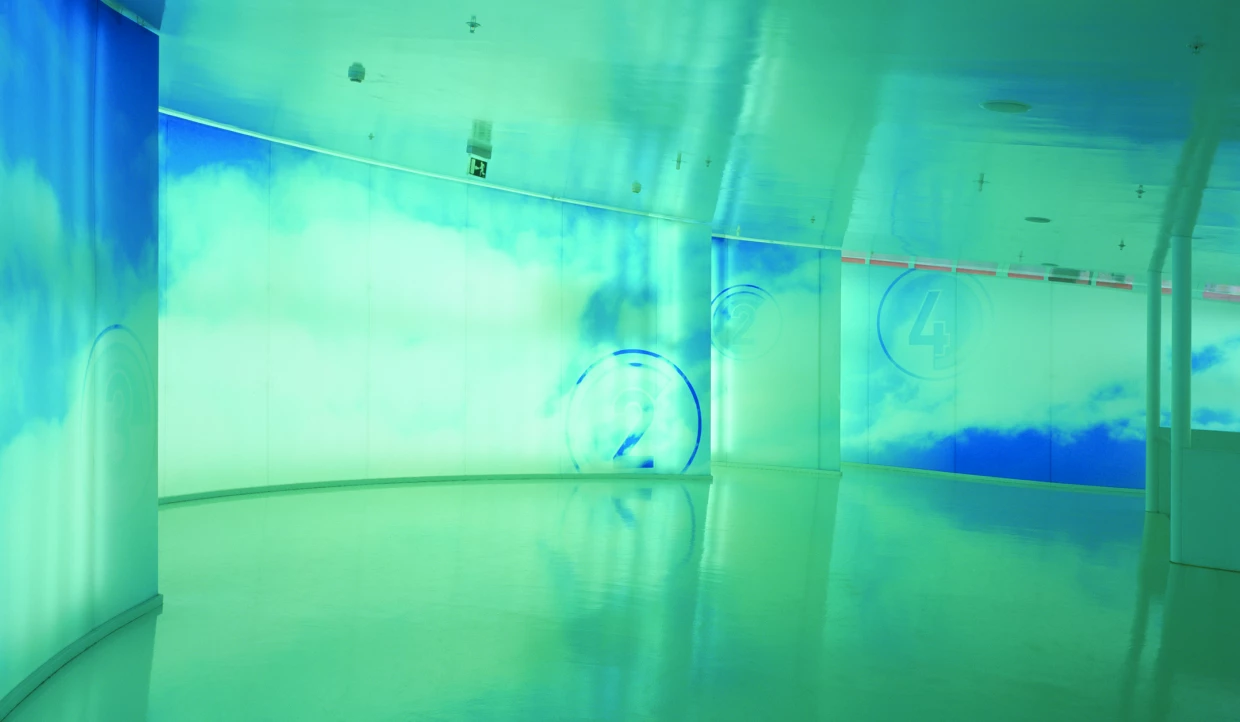 Empty room with green walls and blue cloud motifs