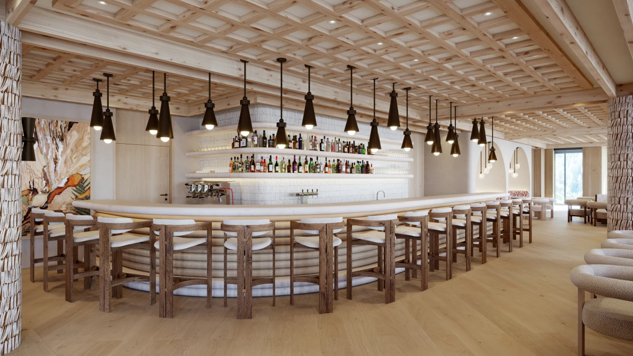 Restaurant of a luxury hotel in Graubünden with cozy seating in beige and brown