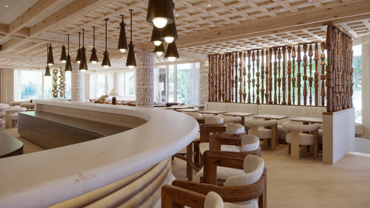 Bar counter in organic shapes in beige-brown tones in a luxury hotel
