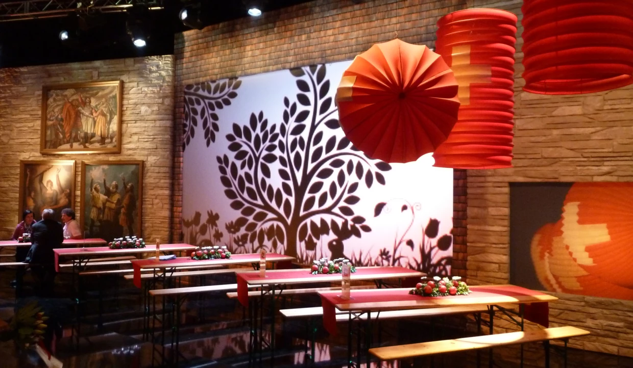Stage with red decorations and patterned background