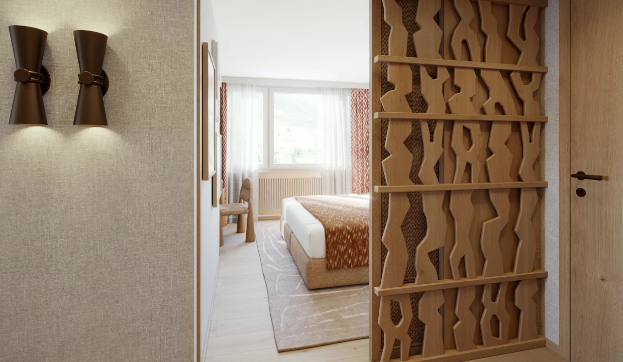 Eingangsbereich Hotelzimmer in Beigetönen mit Raumtrenner