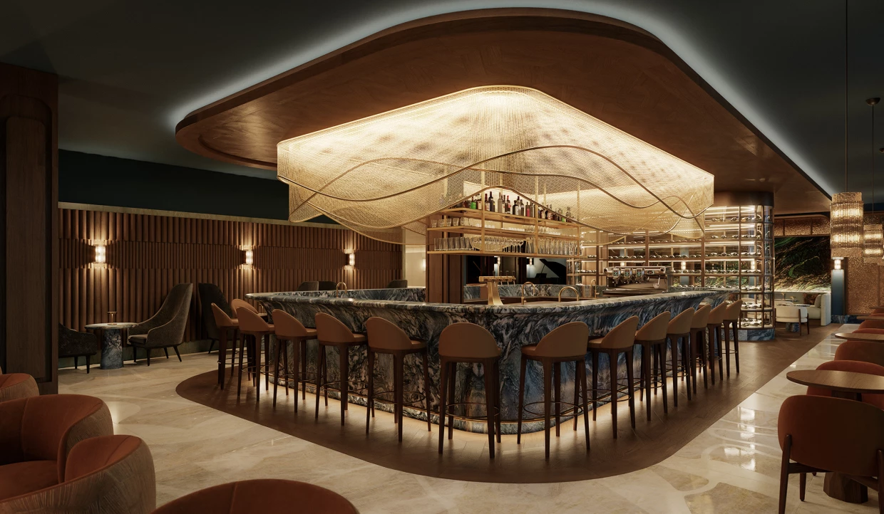 Elegante Bar mit beleuchteter Theke und hängenden Netzen