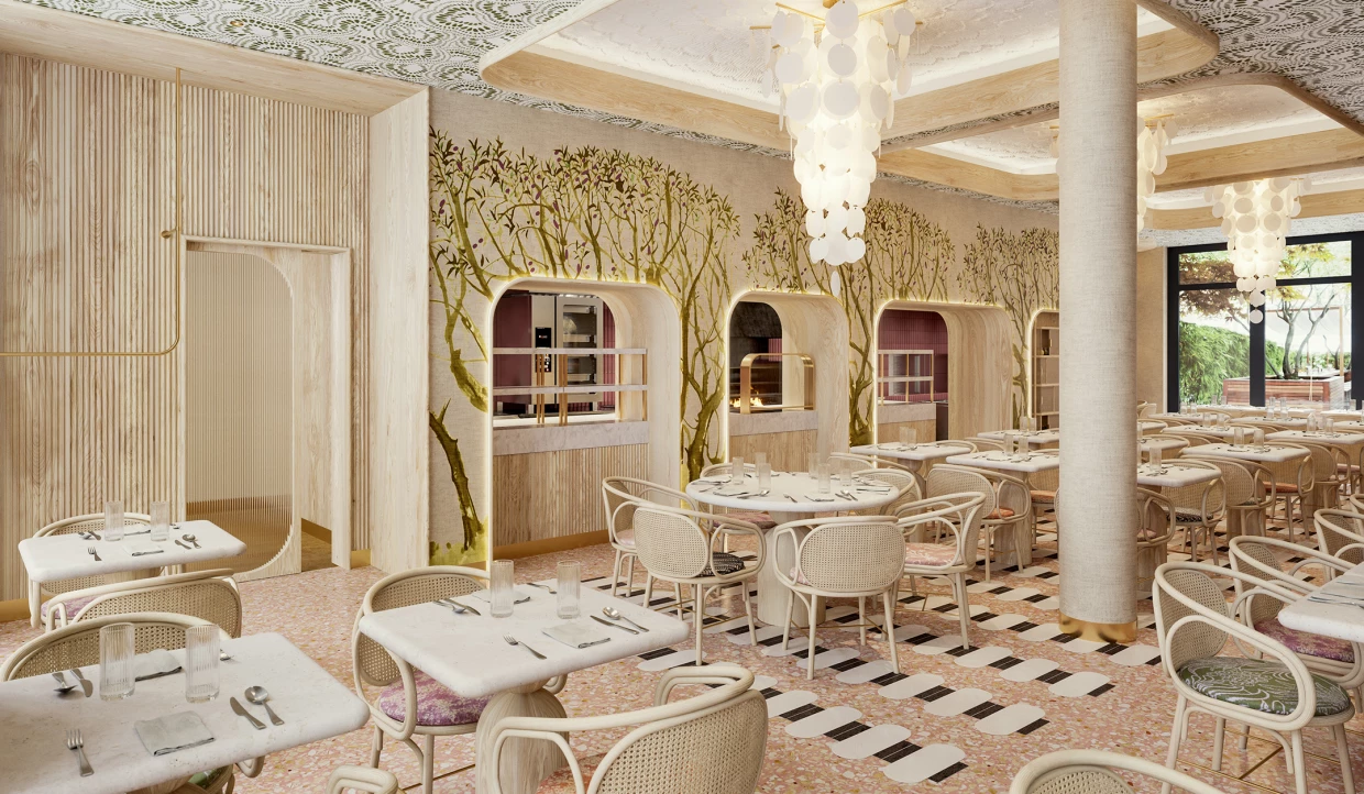 Elegantes Restaurant mit Wandmalereien und moderner Einrichtung