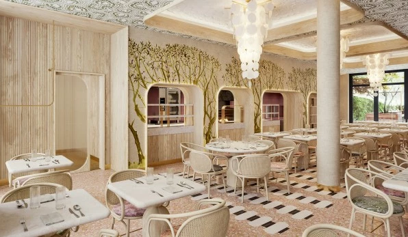 Elegantes Restaurant mit Wandmalereien und moderner Einrichtung