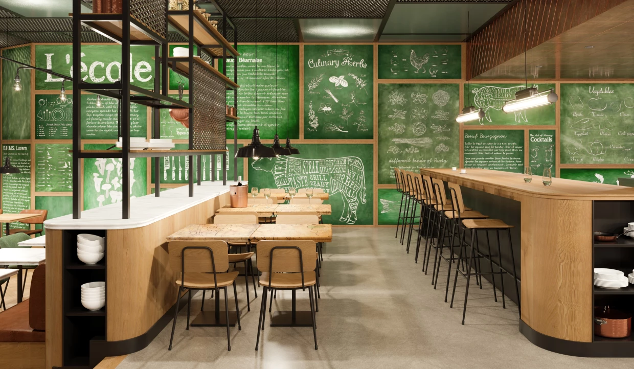 Shopping mall restaurant with green wall and wooden furniture