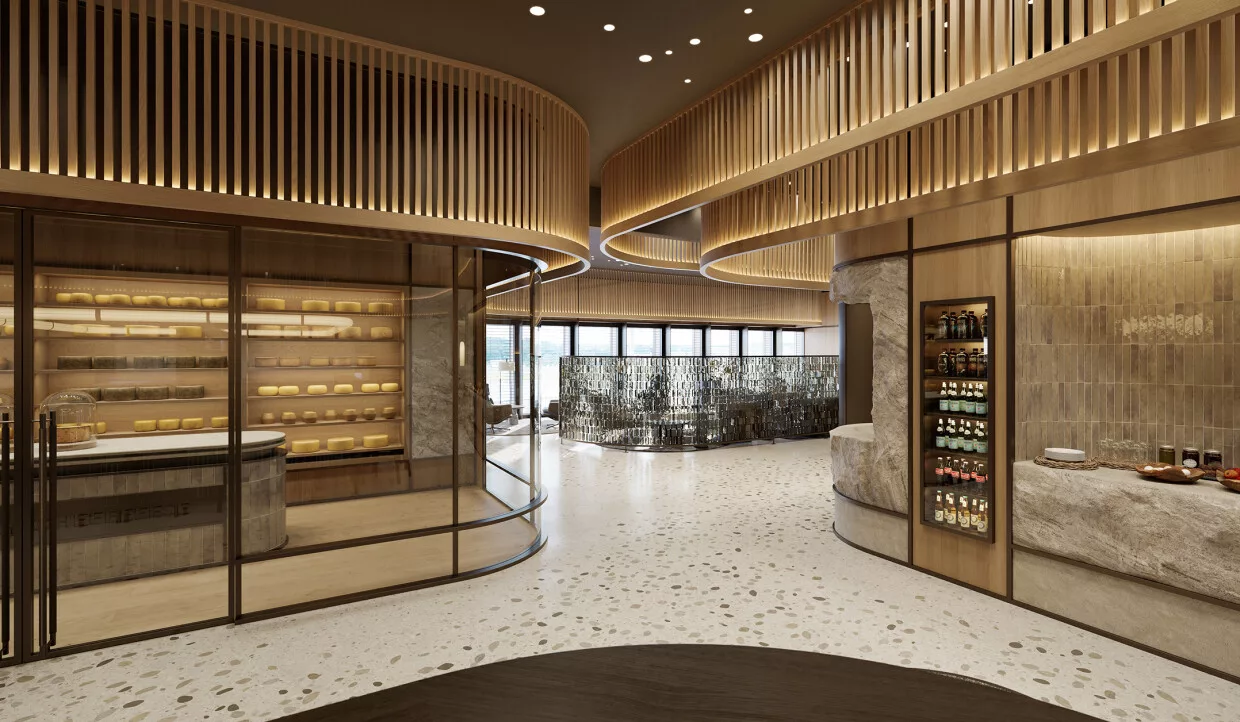 Cheese room with cheese in glass cases and wooden elements