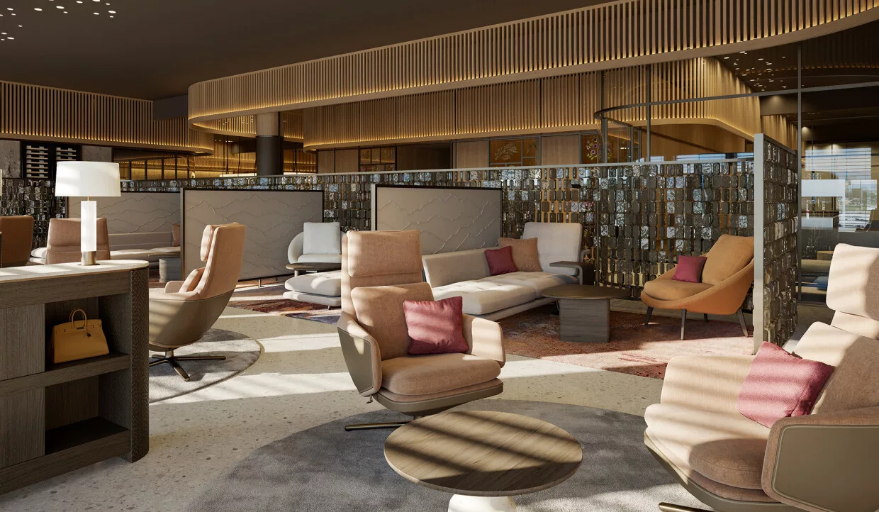 Comfortable lounge with beige chairs and glass partitions