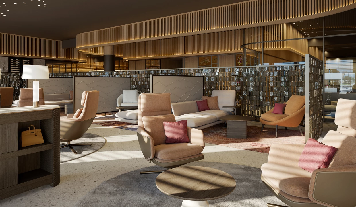 Comfortable lounge with beige chairs and glass partitions