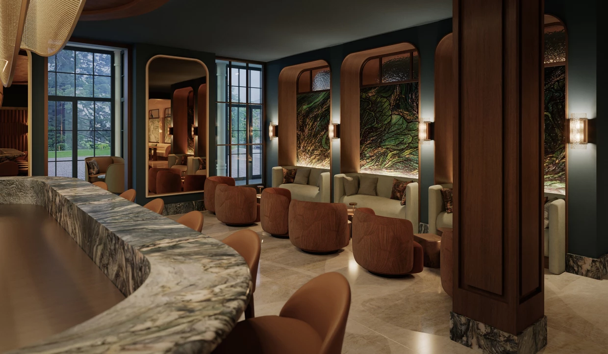Lobby-Bereich mit Sofas und Marmorbar in der Ecke