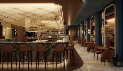 Modern bar with marble counter and high chairs