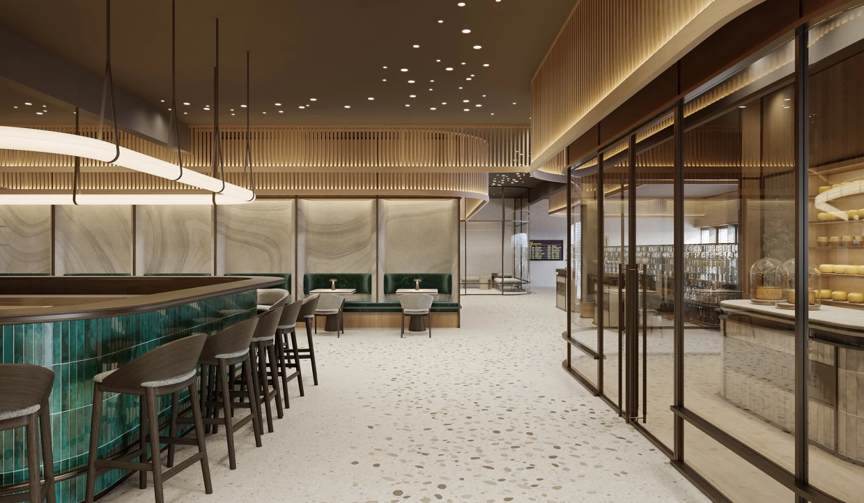 Modern bar with green tiles and elegant seating