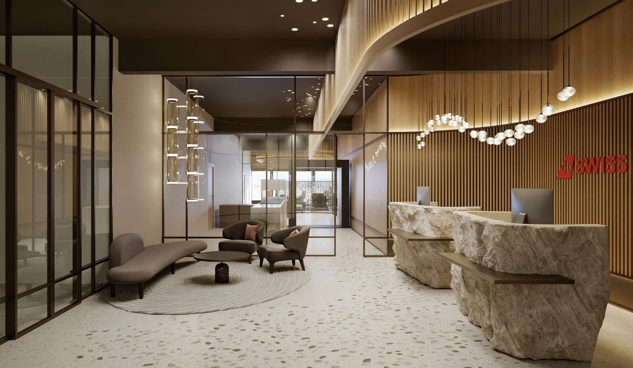 Modern reception with stone counter, glass walls, and designer lighting