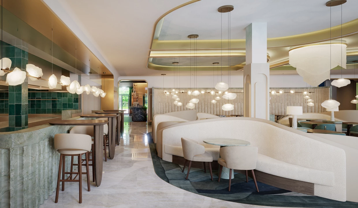 Modernes Restaurant mit hellen Sitzmöbeln und Hängeleuchten