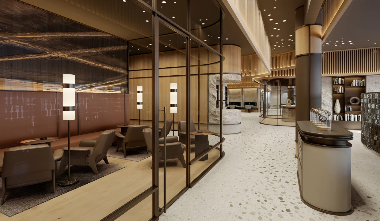 Smoking lounge with brown armchairs and stylish lamps