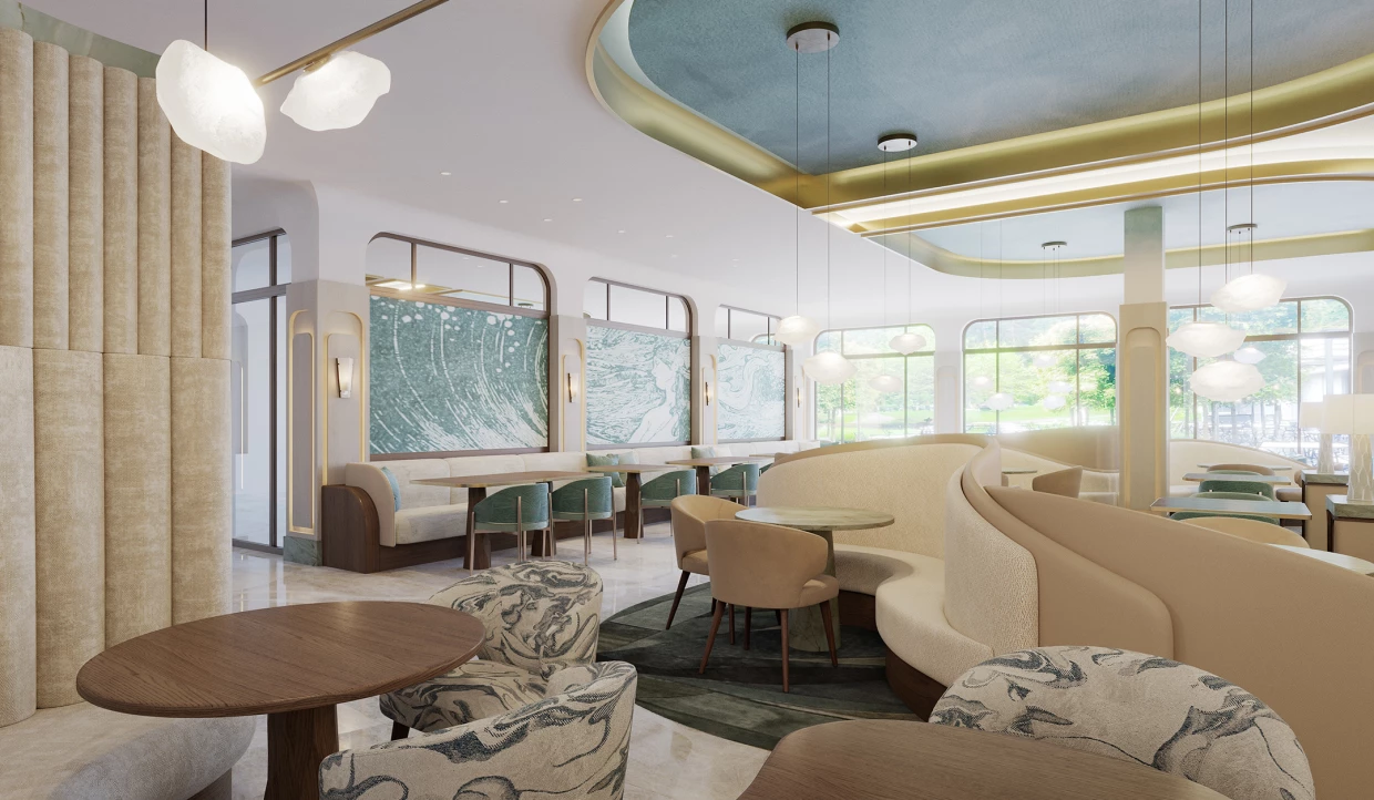 Restaurant mit geschwungenen Decken und Kunst an den Wänden