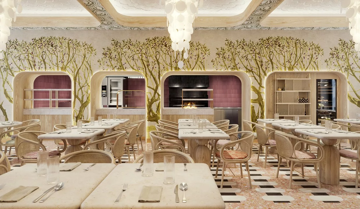Individuell gestaltetes Restaurant mit hellen Tischen und Stühlen und Wandmalereien von Maulbeerbäumen