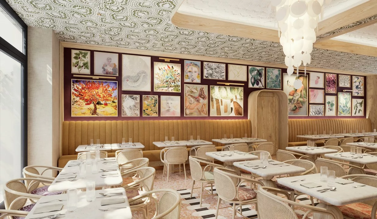 Restaurant mit hellen Tischen und Stühlen. An der Wand Bilder mit Bezug zur Geschichte Zürichs