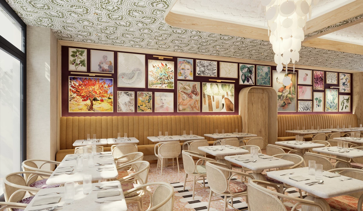 Restaurant mit Tischen, Stühlen und bunter Wandkunst