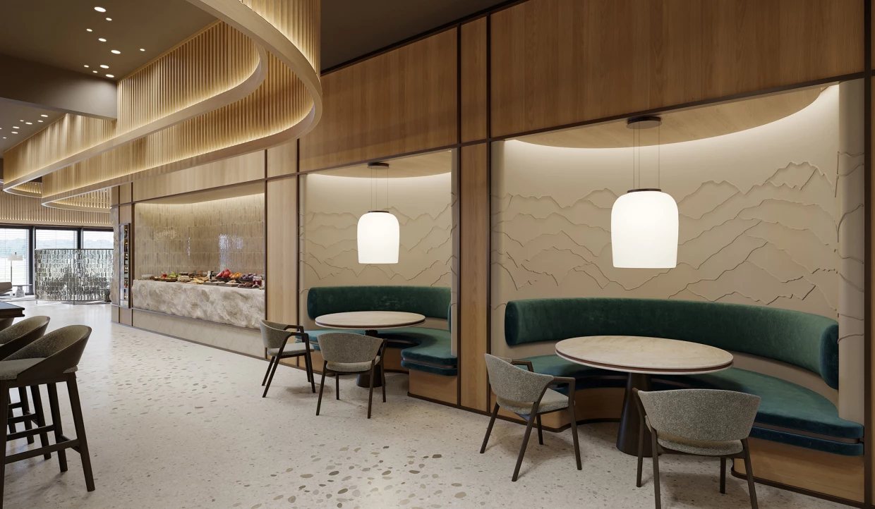 Restaurant area with round tables and green benches