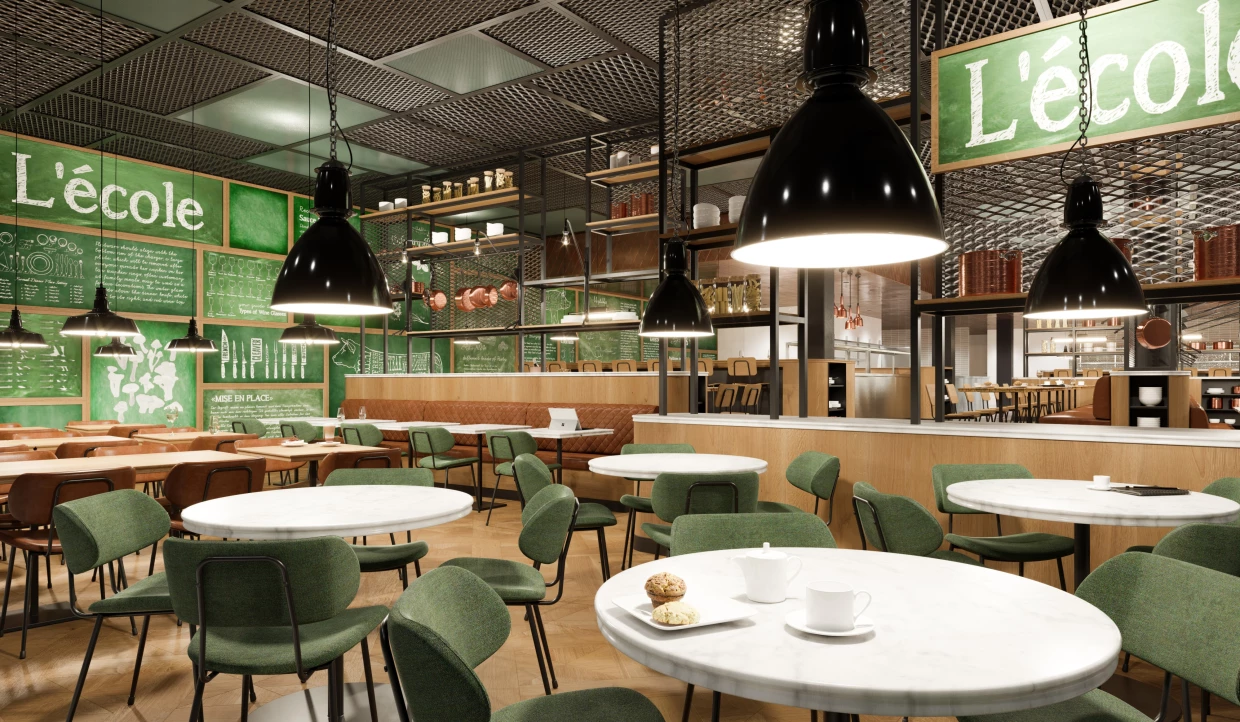 Dining area with round tables, green chairs, and lamps