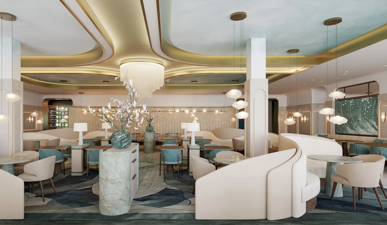 Stilvolles Restaurantinterieur mit modernen Lampen