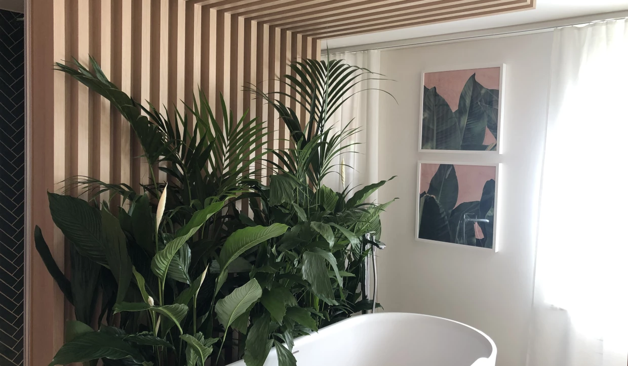 Badezimmer mit großen grünen Pflanzen und weißer Badewanne