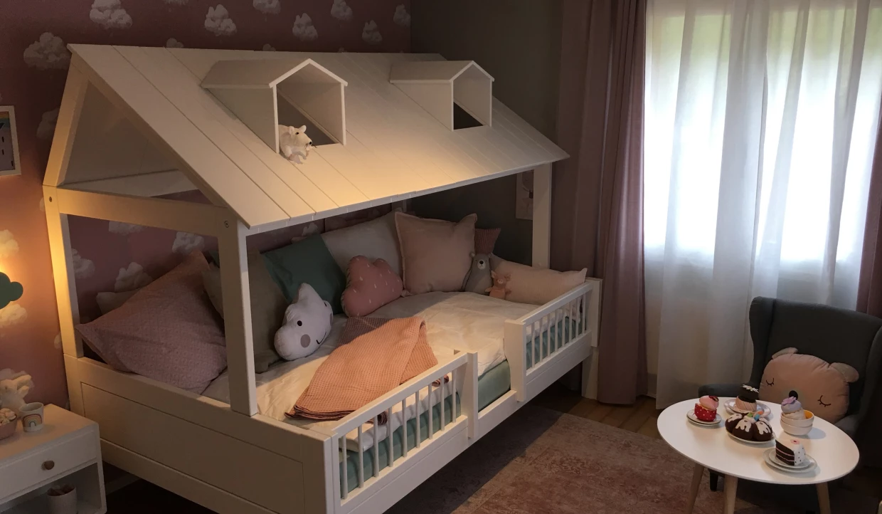 Kinderzimmer mit Hausbett und Plüschtieren vor bewölkter Tapete