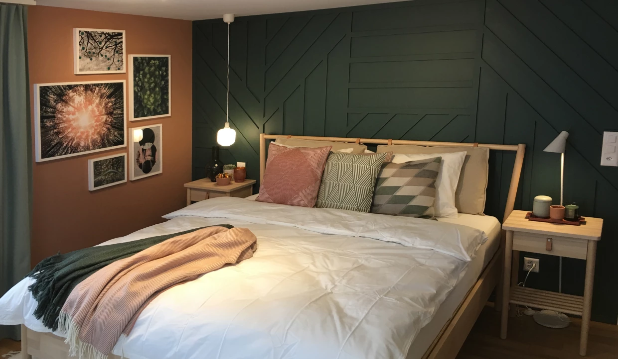 Modernes Schlafzimmer mit grünem Wanddesign und Pflanzenbildern