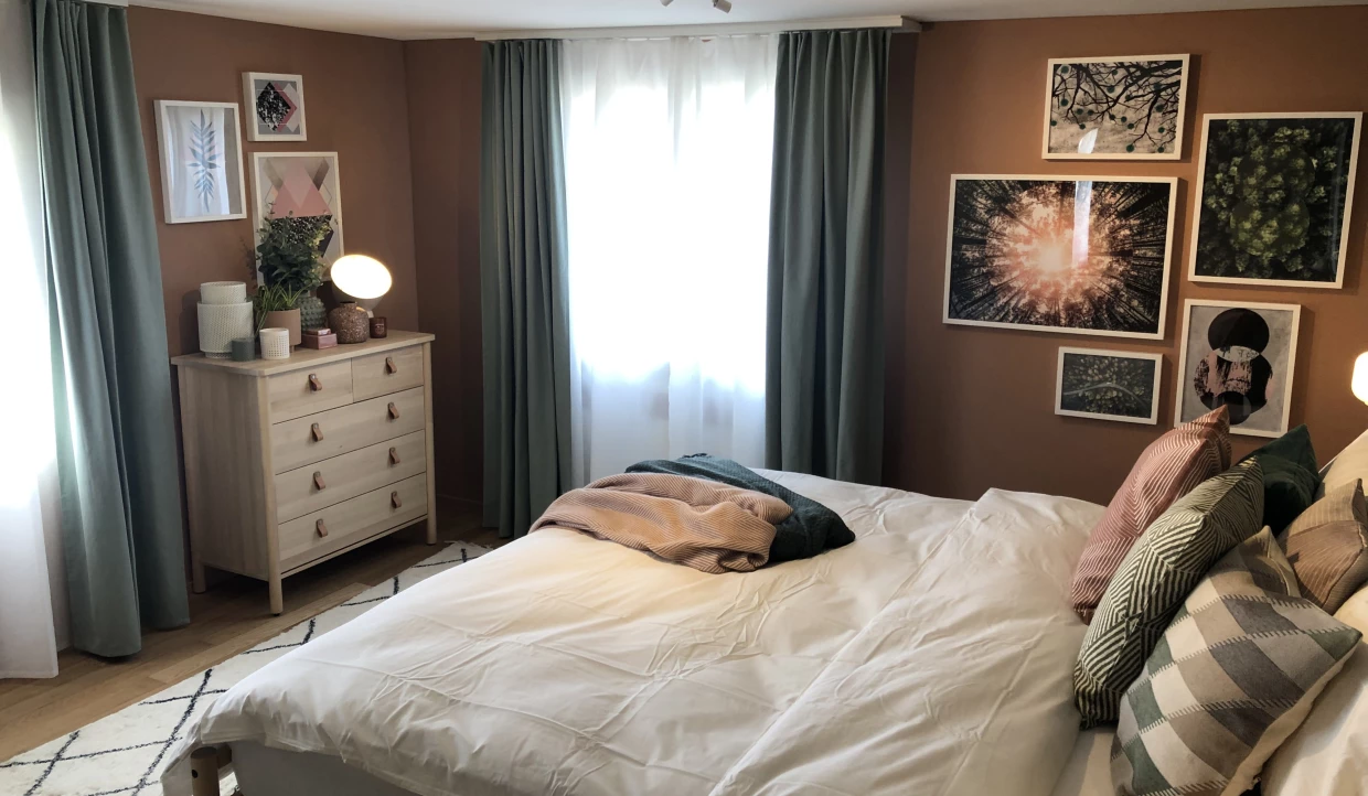 Schlafzimmer mit Kommode, Kunstbildern und blauen Vorhängen