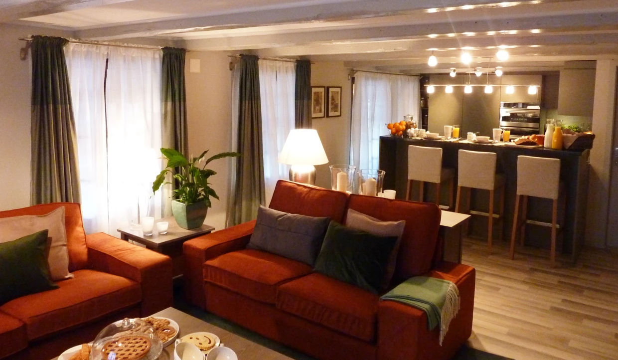 Living room with two orange sofas and open kitchen