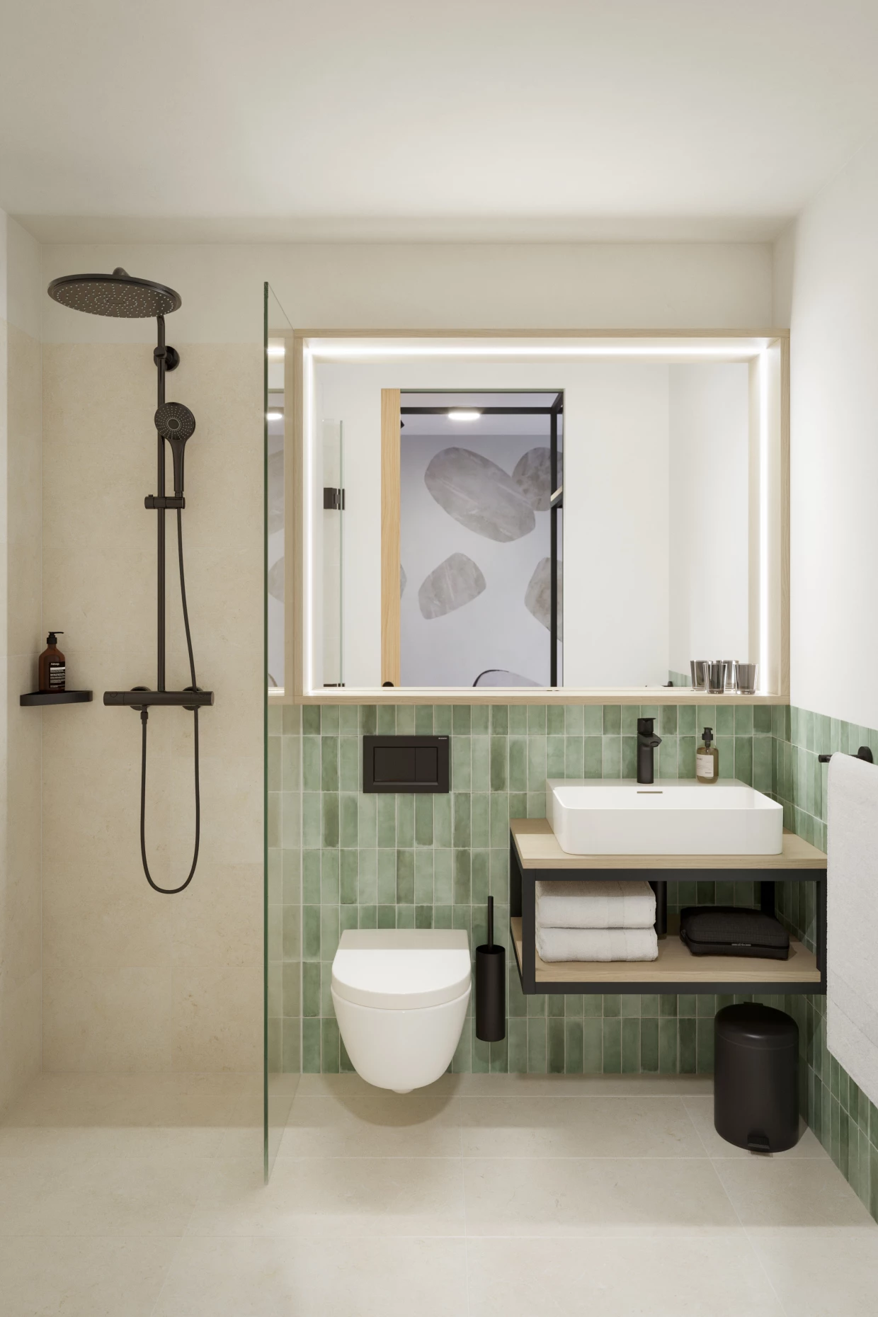 Bathroom with shower, sink, and mirror