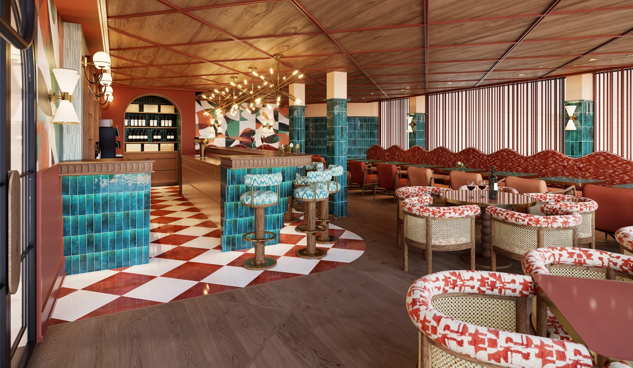 Elegant bar with green-blue tiles and geometric patterns