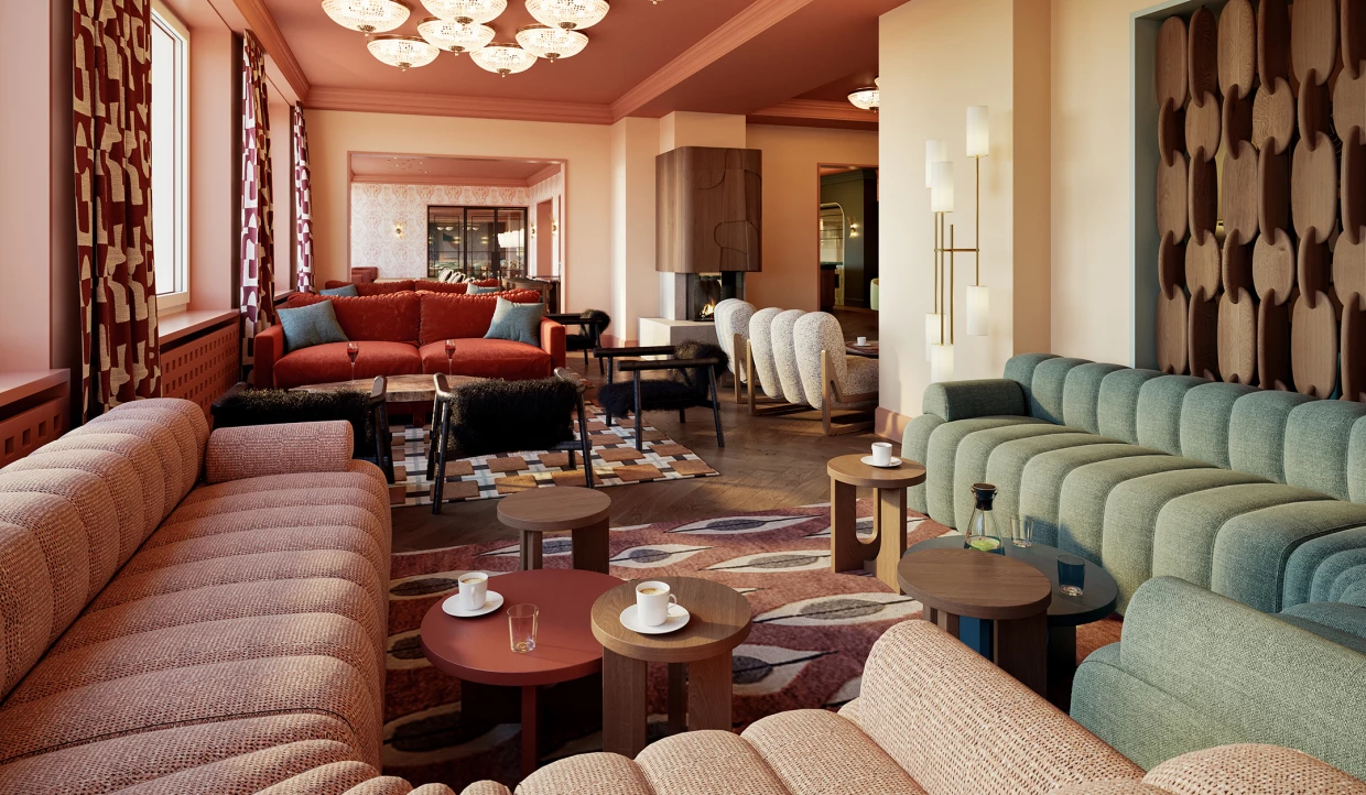 Elegant lounge with various sofas and coffee tables
