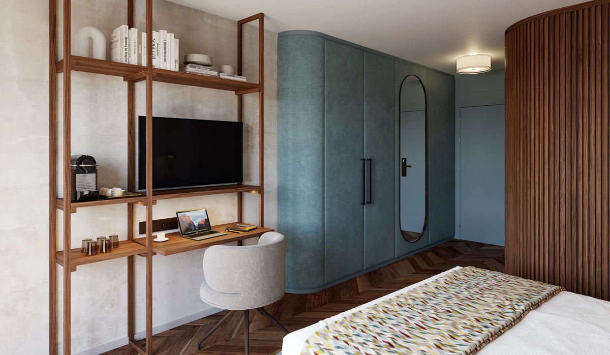 Fernseher und Schreibtisch mit Laptop, samtigem Schrank