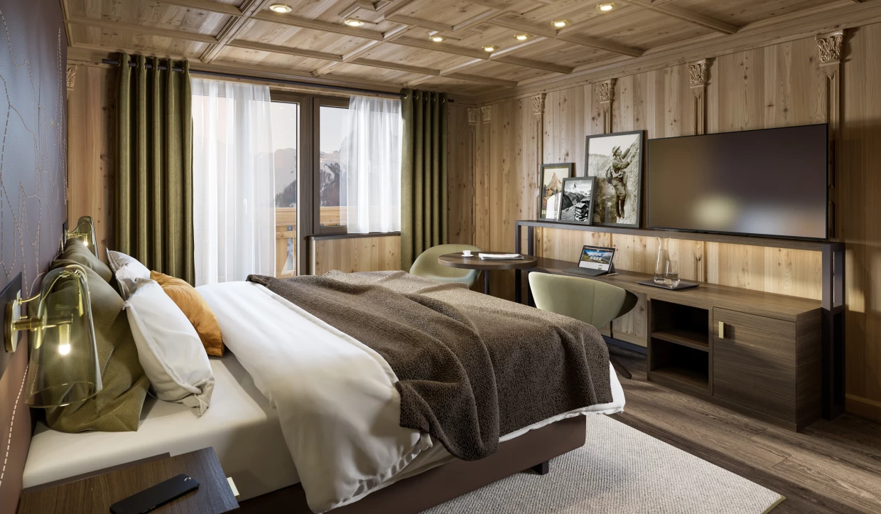 Gemütliches Hotelzimmer mit Balkonblick und großem Fernseher