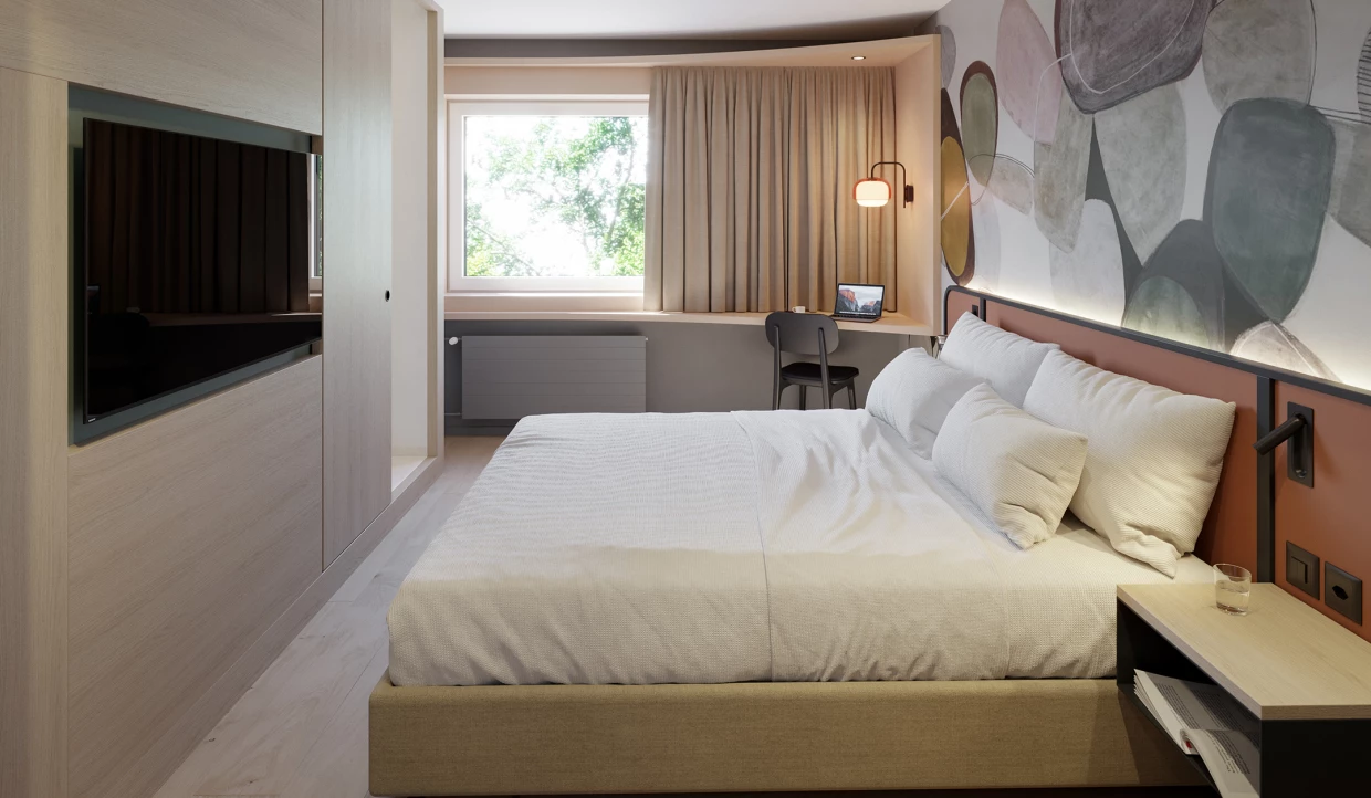 Cozy hotel room with desk and window