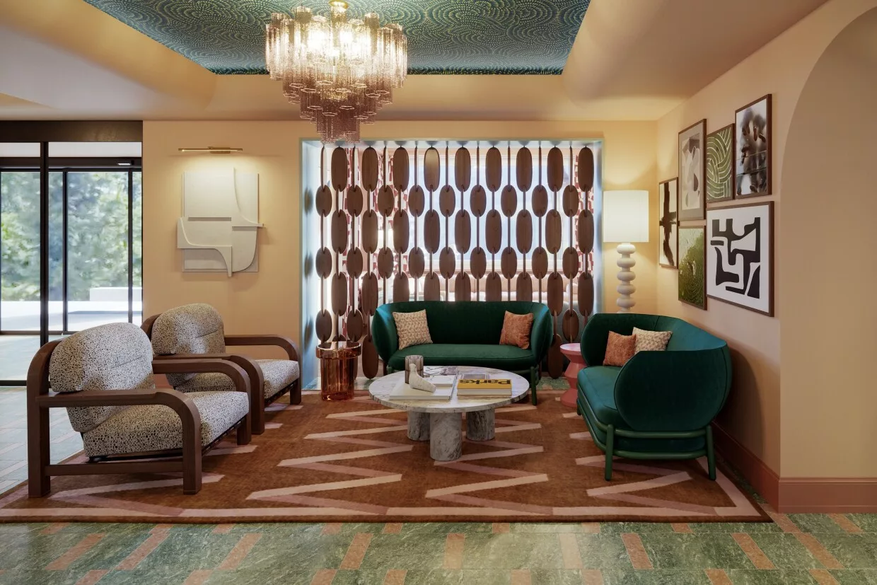 Gemütliches Wohnzimmer mit grünen Sofas und rundem Tisch