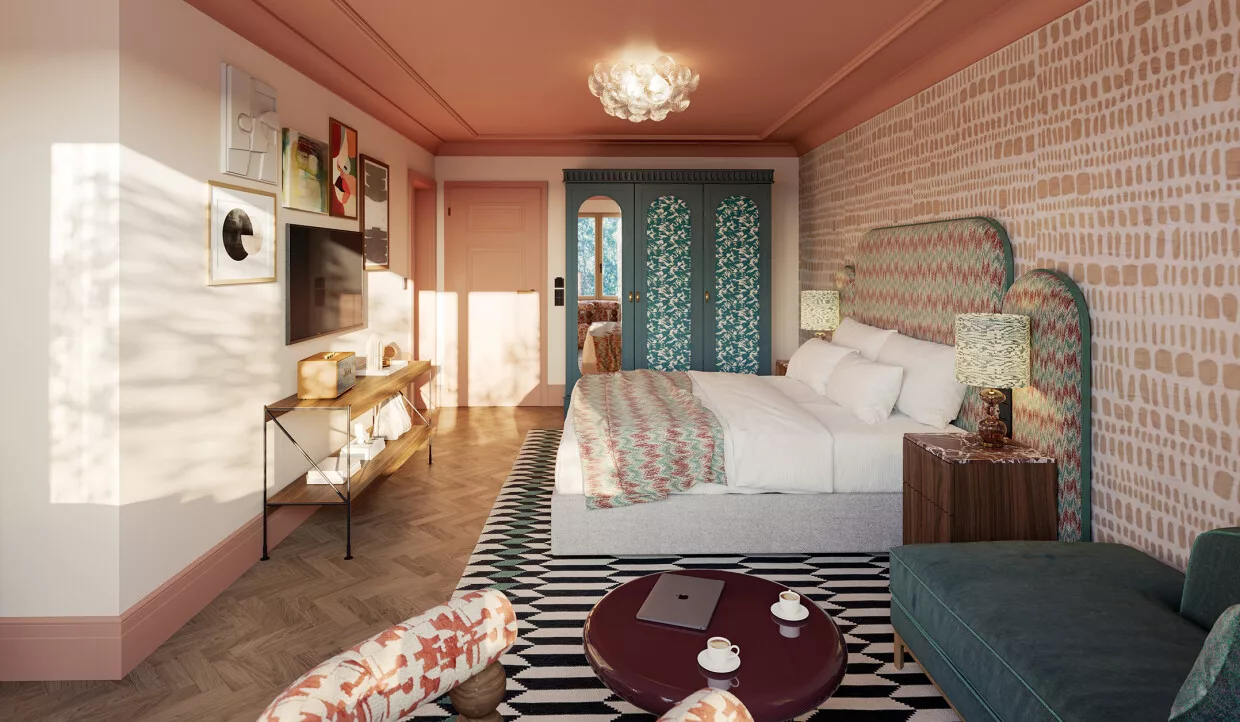 Großes Schlafzimmer mit rosa Decke, dekorativem Schrank und gemustertem Teppich