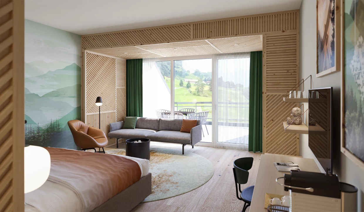 Großes Zimmer mit Sofa, Fenster und Aussicht ins Grüne