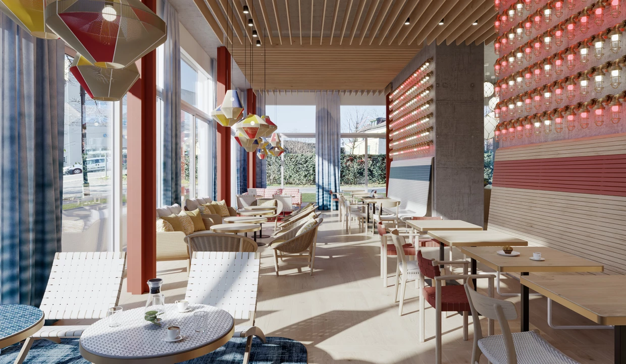Bright restaurant area with colorful lamps and wooden chairs