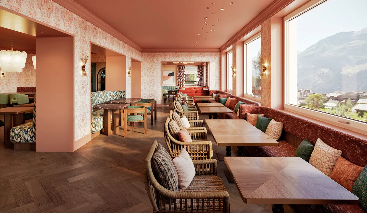 Helles Restaurant mit großen Fenstern und Holzstühlen